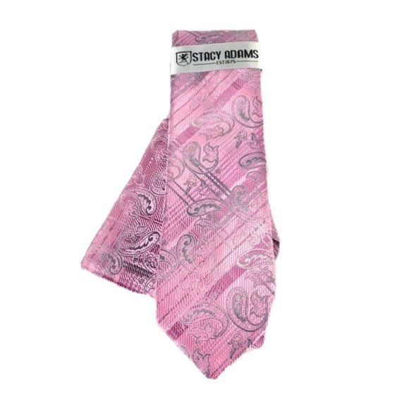 Stacy Adams Men's Tie & Hanky Pink Fuchsia Silver Charcoal Paisley 3.25” Wide - Picture 1 of 3